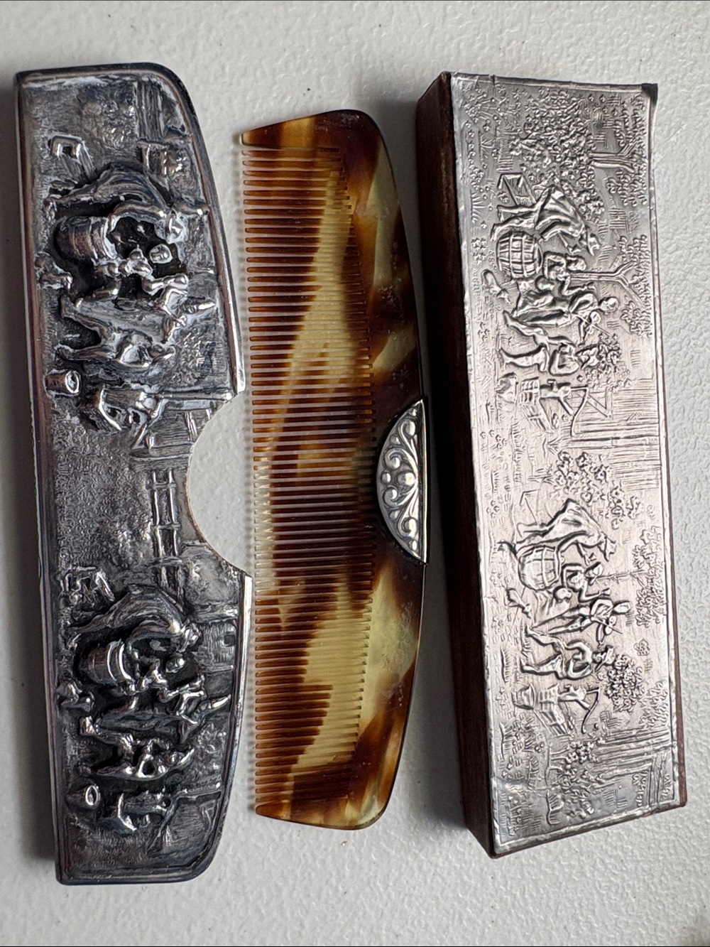 Sterling Silver Cover and Comb in Brown Tortoiseshell Pattern